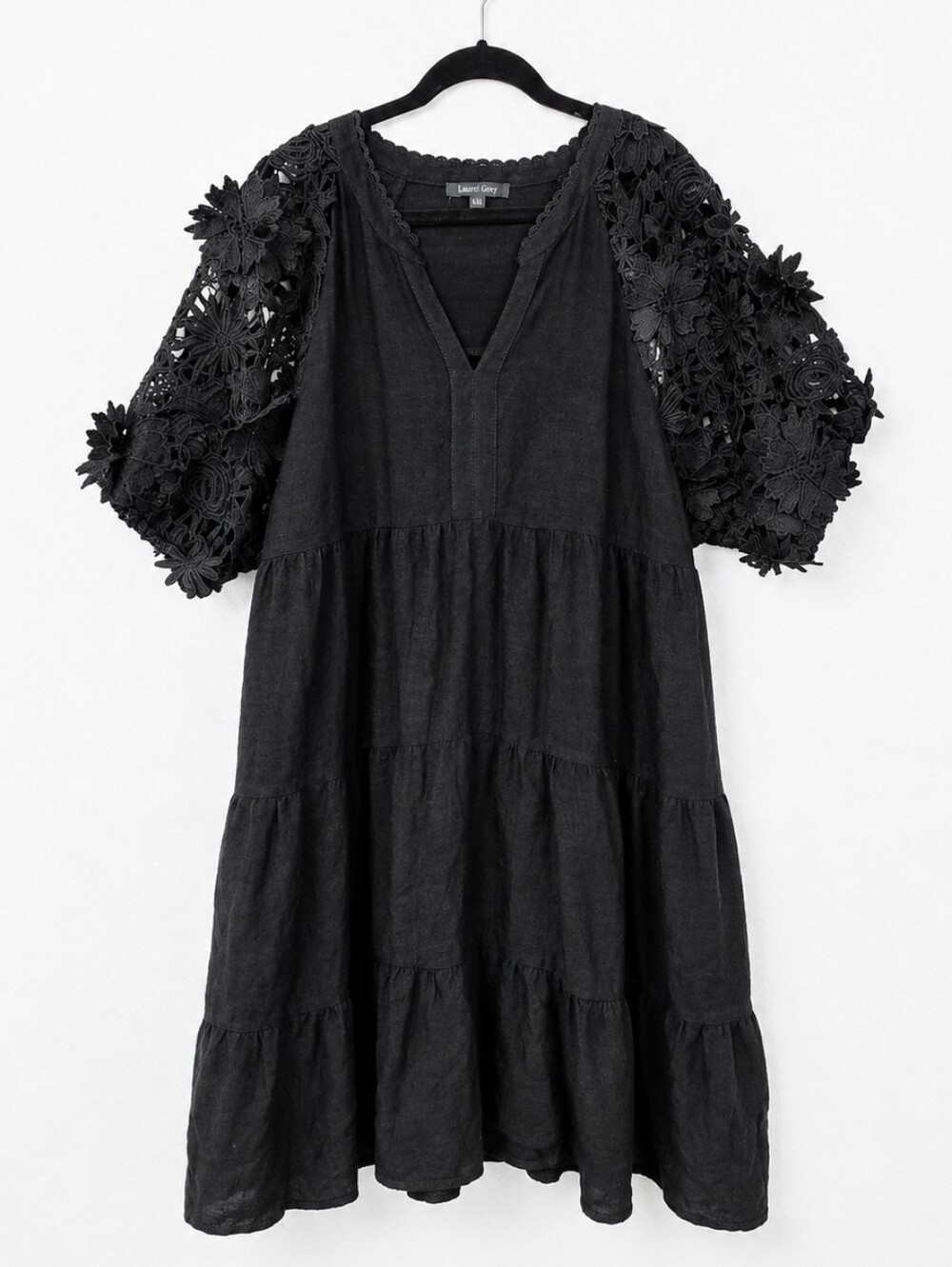 Laurel Grey Black Linen Blend 3D Floral Crochet Sleeve Babydoll Dress XXL